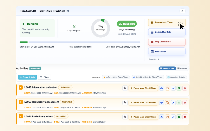 Lawcadia Regulatory Timeframe Tracker